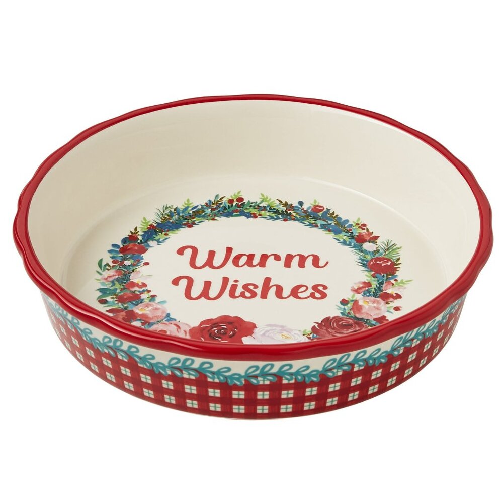 Pioneer Woman Holiday Christmas Pie Plate Warm Wishes 9" Stoneware Dish Red NEW